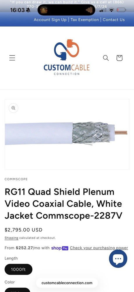 Commscope Rg11 Quad Shield Plenum Video Coaxial Cable, Whit Jacket 2287V 410’