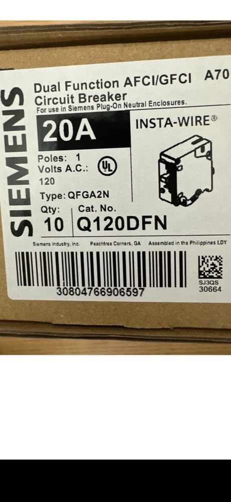 New 10  X  Siemens Q120DFN AFCI/GFCI Dual Function Plug On Circuit Breakers