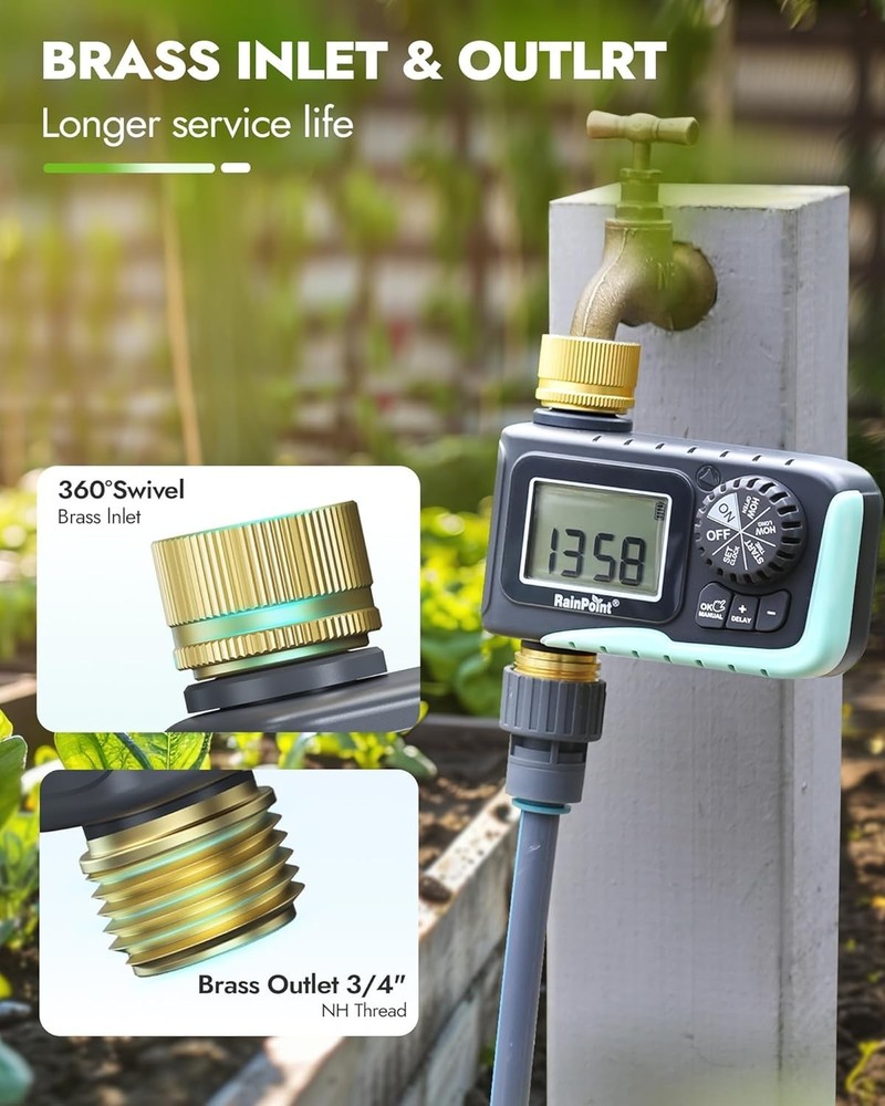 Brass Inlet & Outlet Water Timer for Garden Hose, Programmable Rain Delay