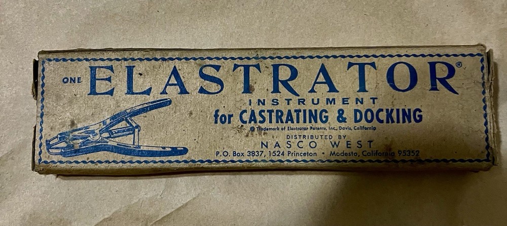 Vintage Elastrator Castration Docking Tool, original box, literature, antique