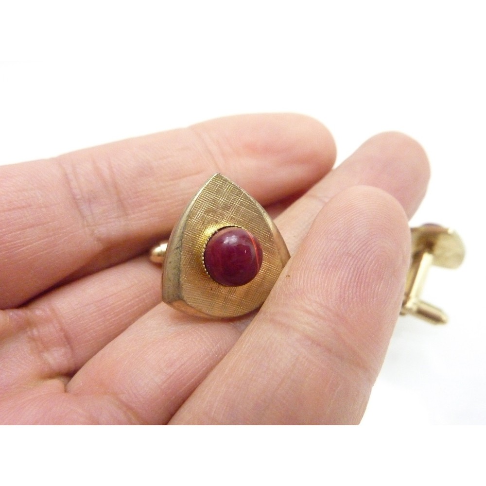 Vintage MCM Gold Tone Cuff Links Red Stone Triangle