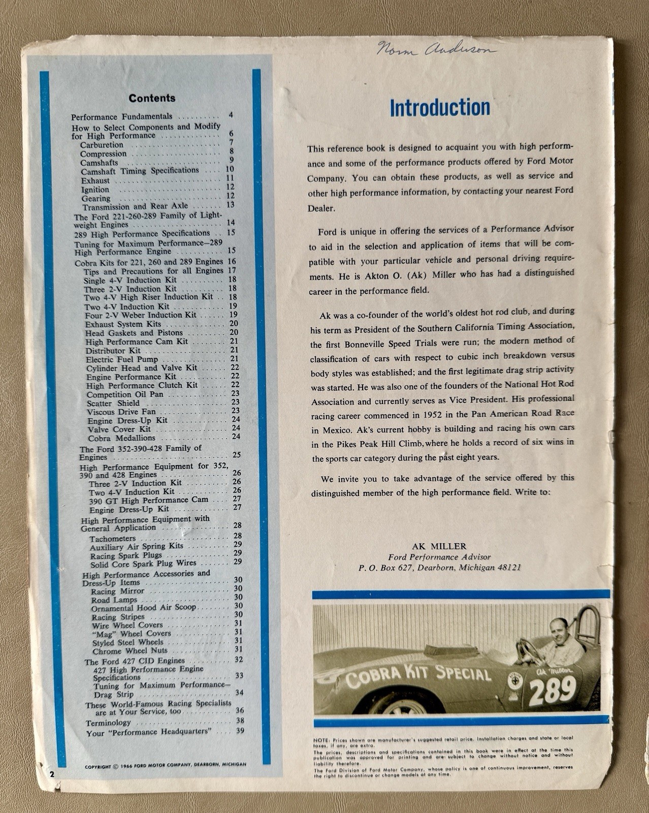 Ford High Performance Parts Catalog 1966 Brochure Cobra GT FoMoCo 427 Racing 289