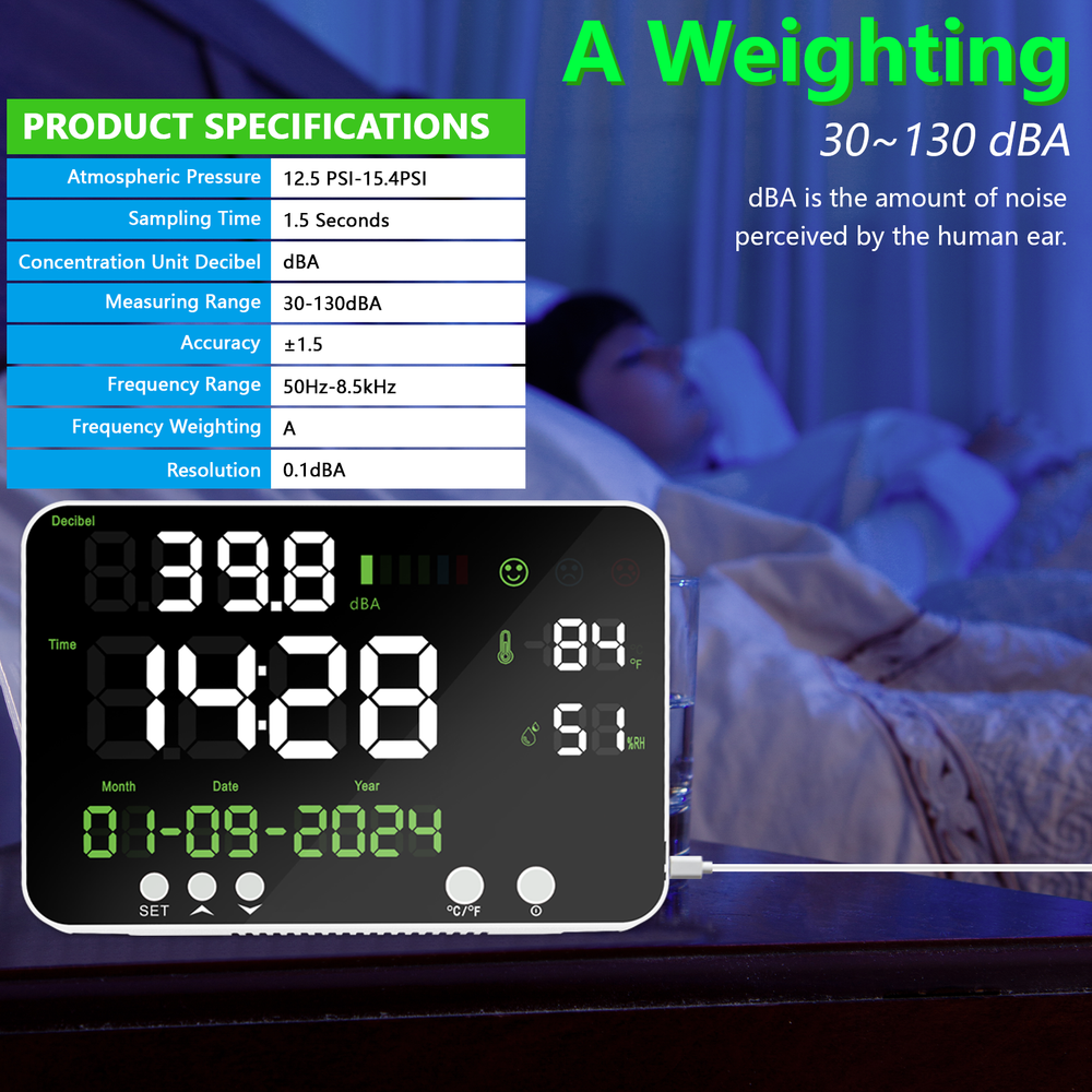 Decibel Meter Sound Level Reader LED Time Temperature Humidity Noise Meter