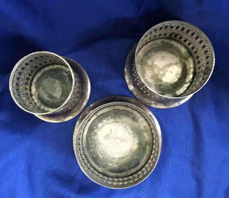 SilverPlate Japan Set Of 3 Round Vase Napkin Candle Holders Lattice Unique Rare