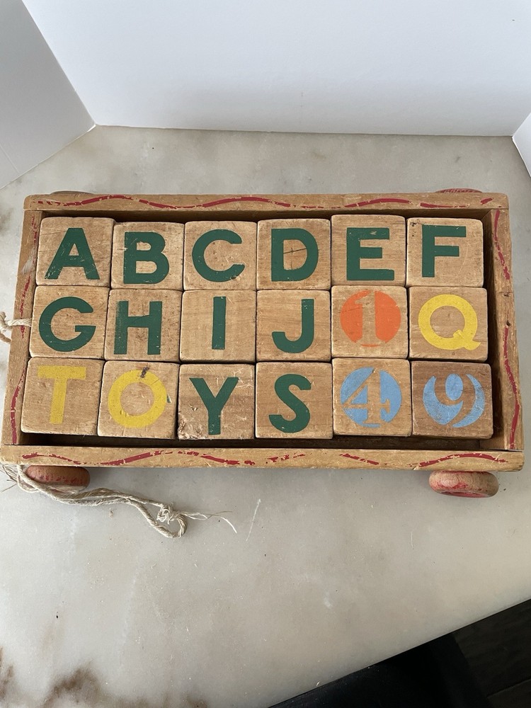 Vintage Whimsie Blocks and Pull Wagon Complete Wooden Set