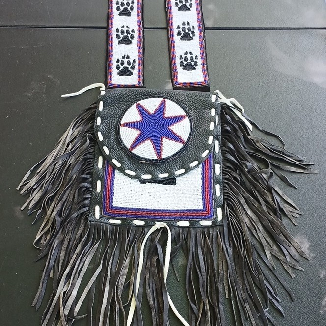 PowWow Regalia - Black Moose Leather Shoulder Bag with Beadwork