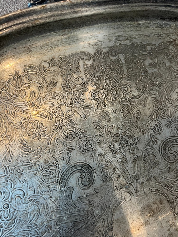 Vintage Silver Plated Tray Ornate Engraved Design Two Handles