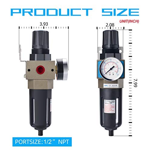 Compressed Air Filter Regulator, 5 Micron Brass Element, 0-150 psi 1/2" NPT