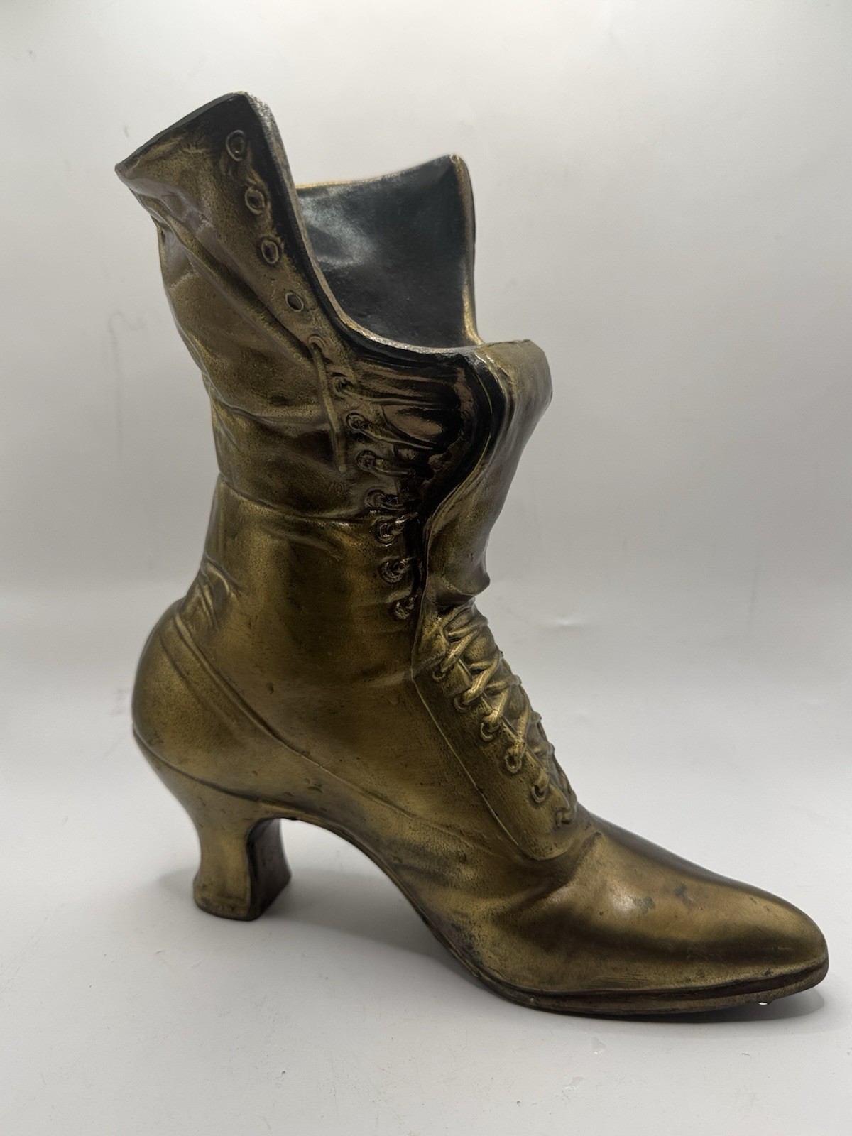 Vintage Brass Victorian Boot Vase Planter Lace Up Shoe Decor 10”