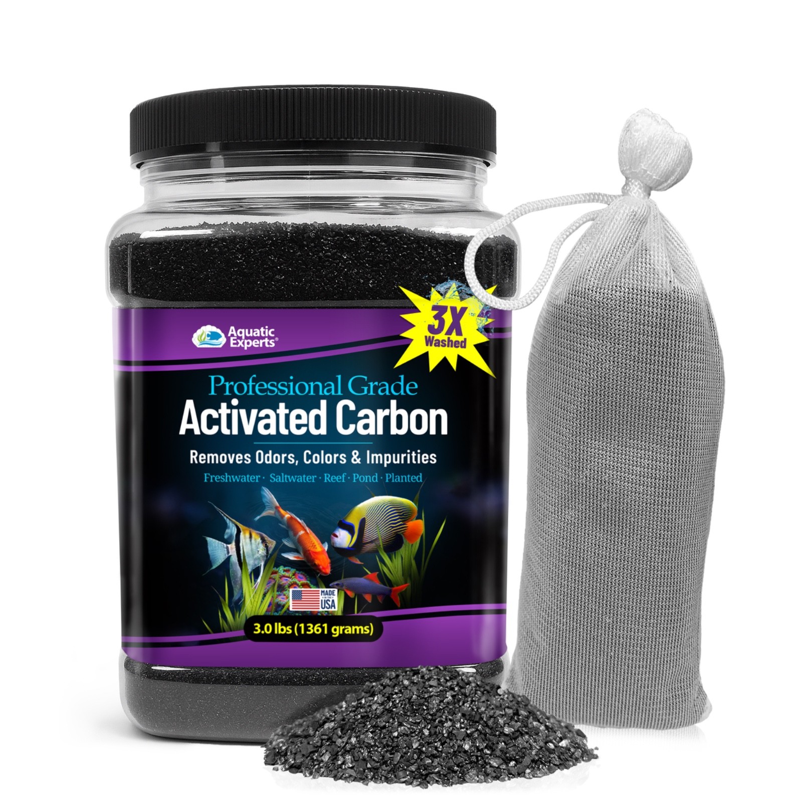 Aquatic Experts Premium Activated Carbon, Aquarium Filter Media & Fine Mesh Bag