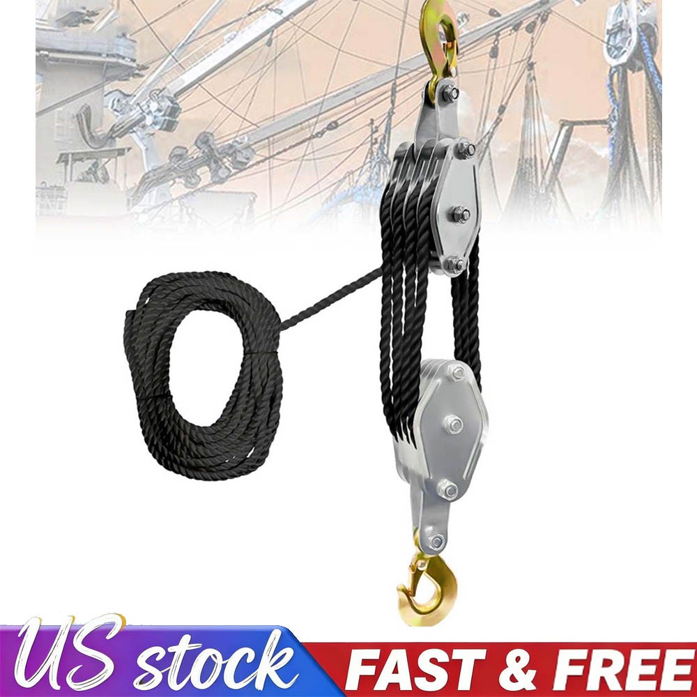 Rope Pulley Hoist 4400 LB, 8:1 Lifting Power Pulley Block and Tackle System NEW