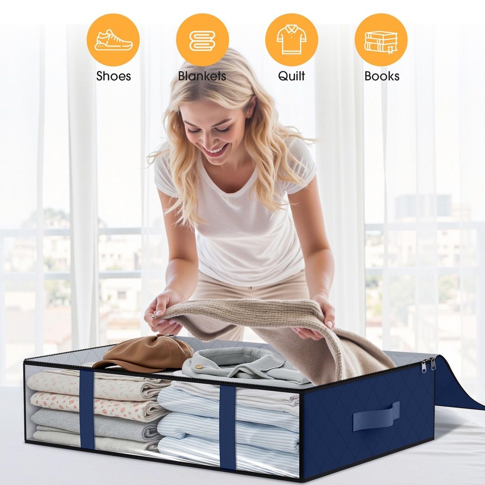4 PCS Blue 40L Foldable Fabric Under Bed Storage Bins Transparent Window