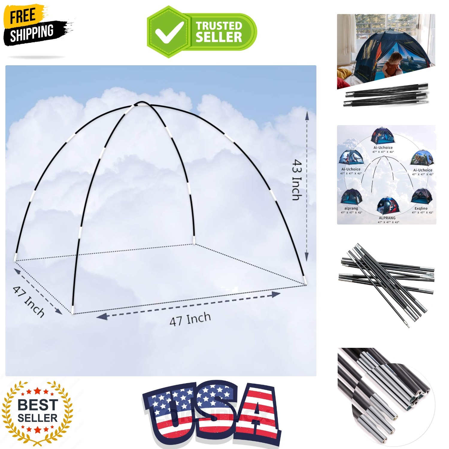 Kids Play Tent Poles Replacement Poles for Child Tent Fiberglass Poles for Sp...