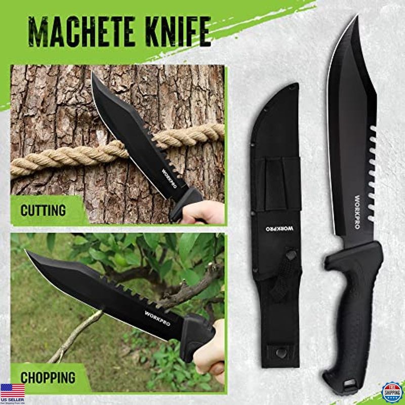 WORKPRO Camping Tool Set: Hatchet, Machete, Fixed Blade Knives, Headlamp & Flint