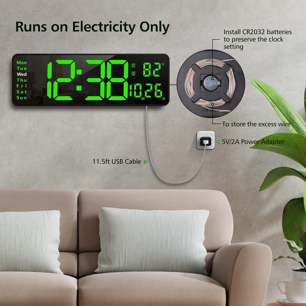 16" Large Digital Wall Clock with Remote, Large Display LED Wall Clock for Li...