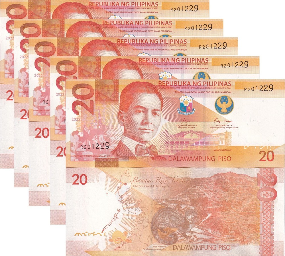 Philippines 20 Pesos 2022 P 230 UNC LOT 5 PCS