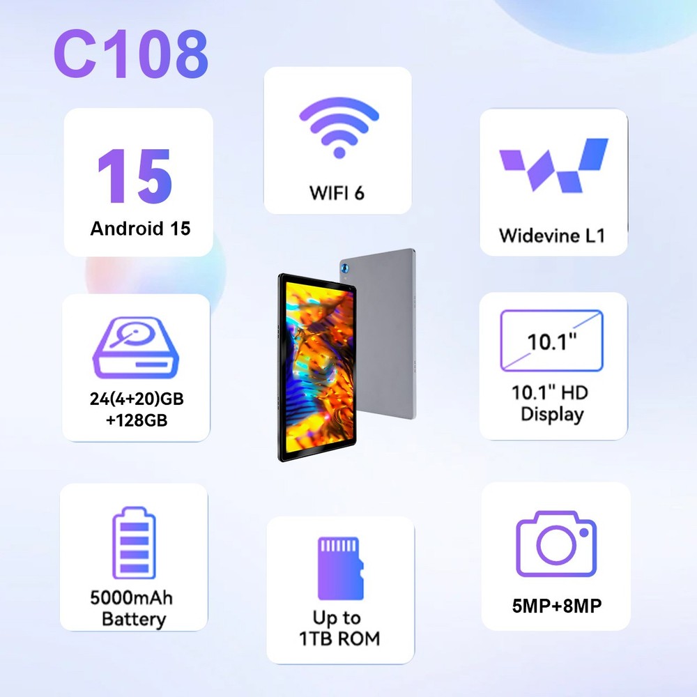 10.1'' Android 15 Tablet LCD Touchscreen Octa-Core 24GB+128GB WIFI 6 Bluetooth