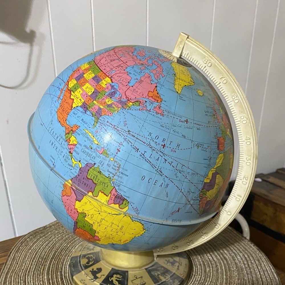 Multicolor Tabletop Globe with Rotating Axis, Zodiac Base, Political Map