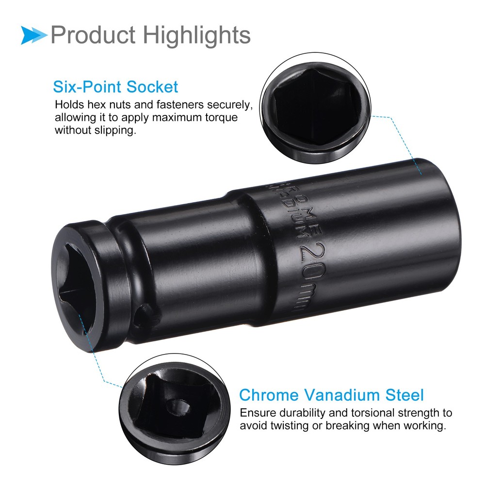 Deep Socket Set 20mm 1/2" Drive 6-Point Socket CR-V with 1/4" Hex Shaft