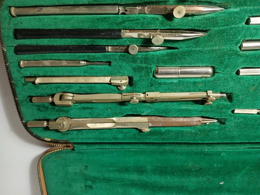 13 Piece Large Vintage Antique German Drafting Set Compass Germany Drafting Set