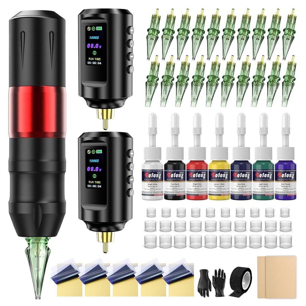 Tattoo Kit Machine with 2 Batteries,20PCS Pro Red