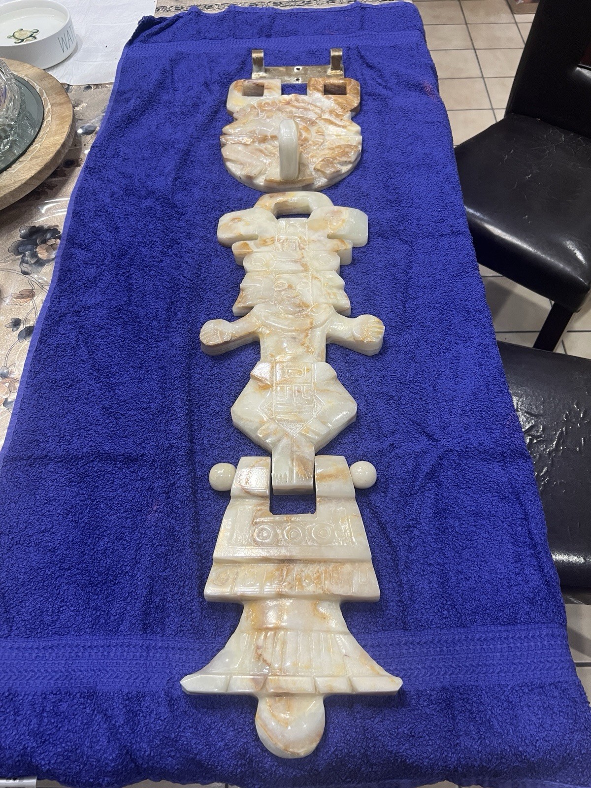 Aztec Mayan Marble/Onyx Large Stone Hand Carved Wall Hanging 33” Long W/bracket