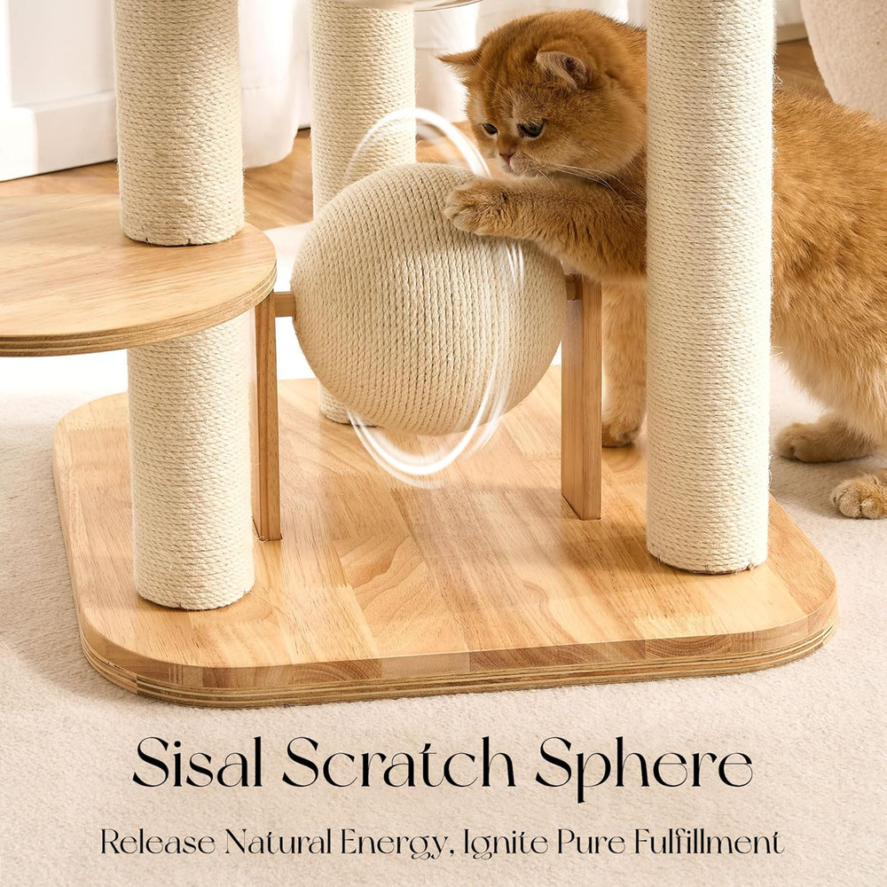 Modern Solid Wood Cat Tree Tower, 49" Tall Cat Tree with Sisal Scratching Posts