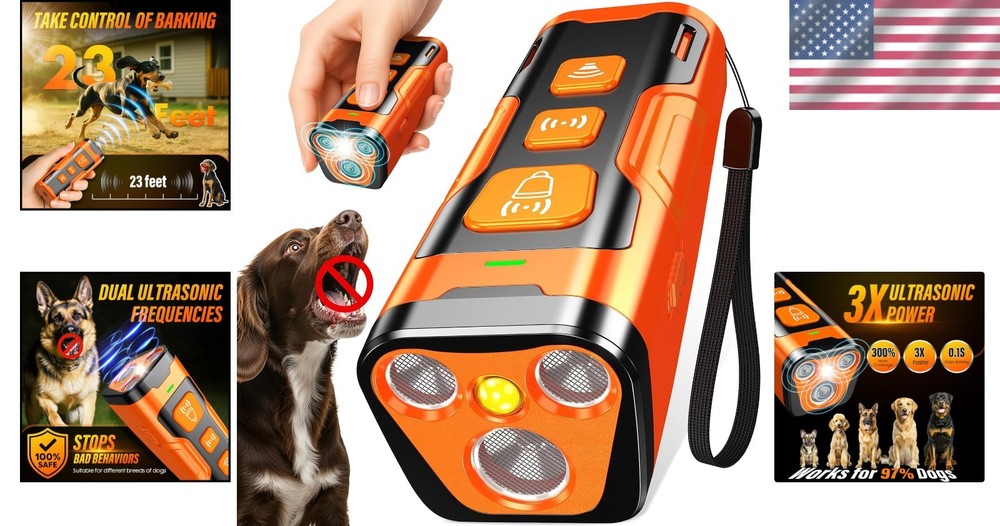 3X Ultrasonic Dog Bark Deterrent - 6 Training Modes, 23 FT Range, Compact Design