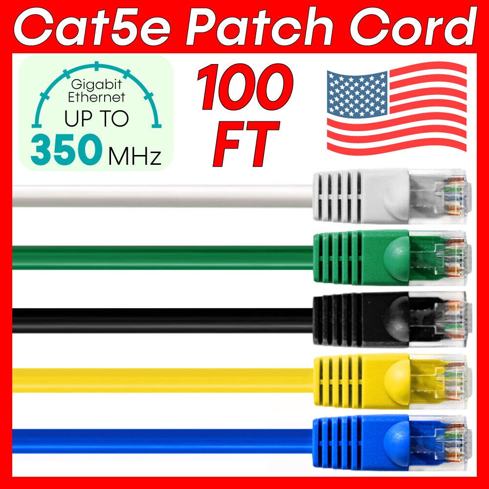 100 FT Cat5e Patch Cord CAT5e Cable LAN Ethernet RJ45 Connector Internet Wire