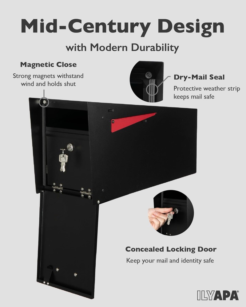Ilyapa Locking Mailbox with Lock and Key Modern Mailboxes for Outside Post Mount