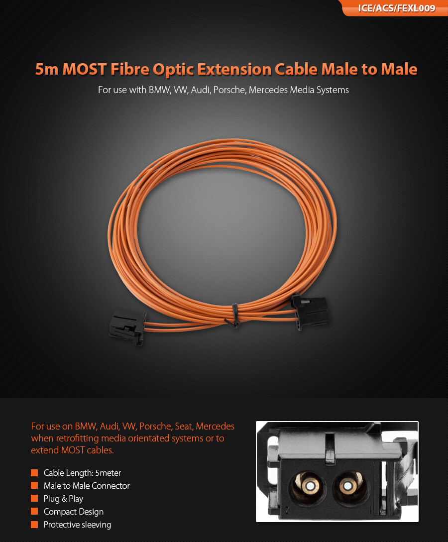 XTRONS 5m MOST Fiber Optic Extension Cable Male to Male For Mercedes/BMW/AUDI/VW