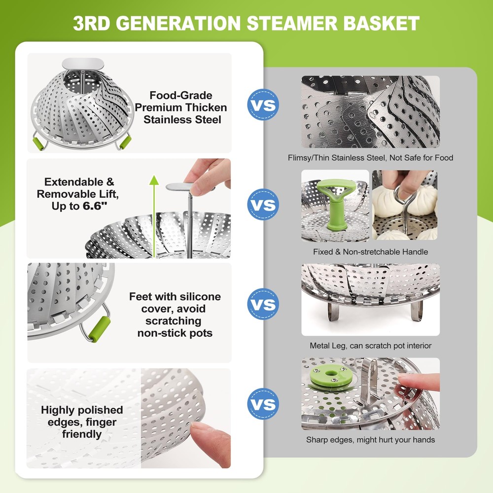 Steamer Basket, 3rd Generation Stainless Steel Vegetable Steamer