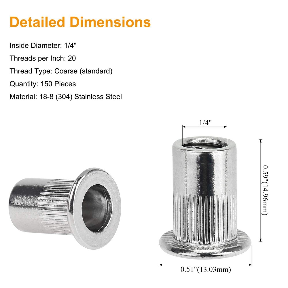150 PCS 1/4-20 Stainless Steel Rivet Nuts Flat Head Threaded Insert