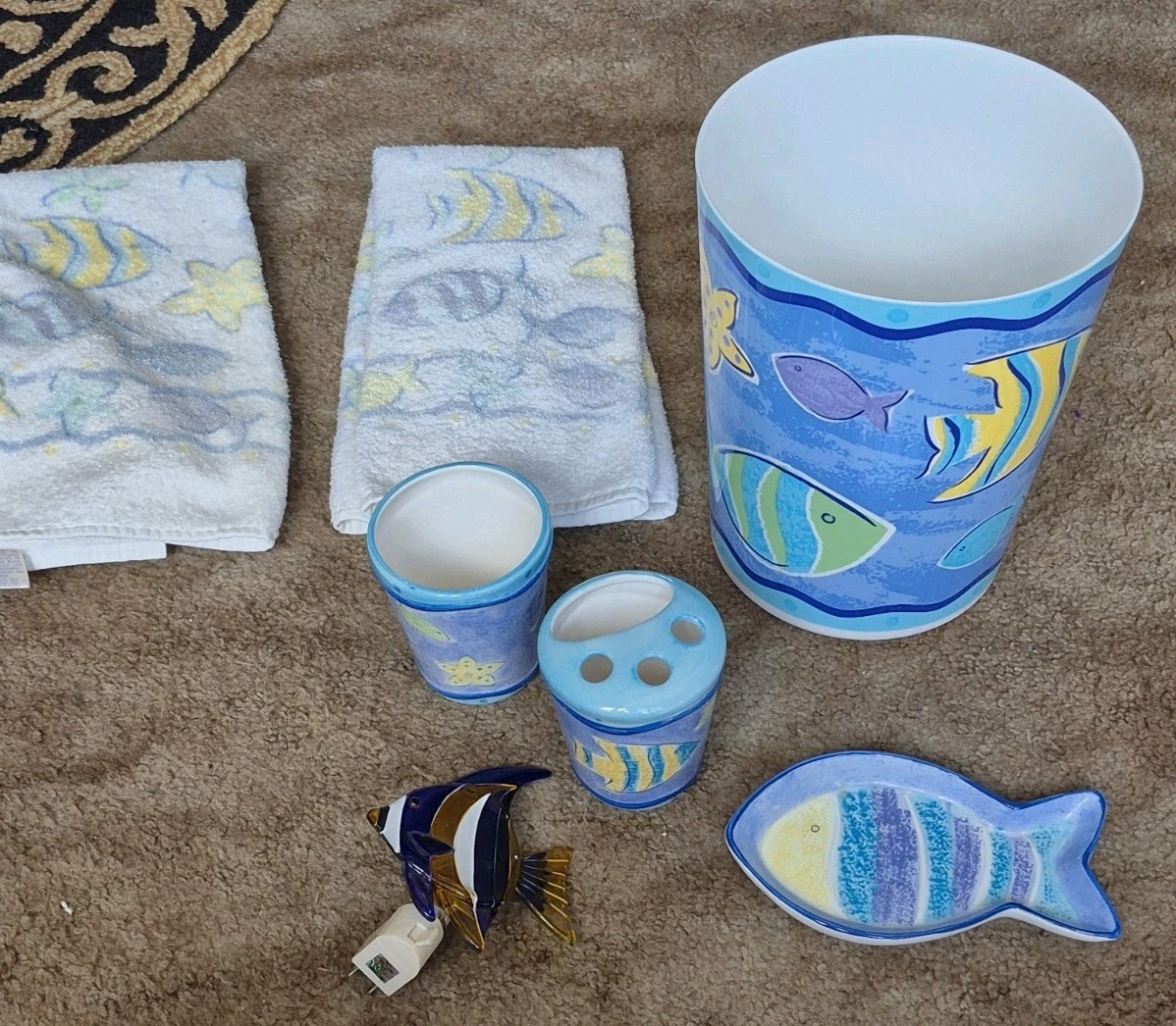 Fish Theme 7pc Bath Bathroom Set Ceramic Soap Dish ToothBrush Hold Cup Trash Can
