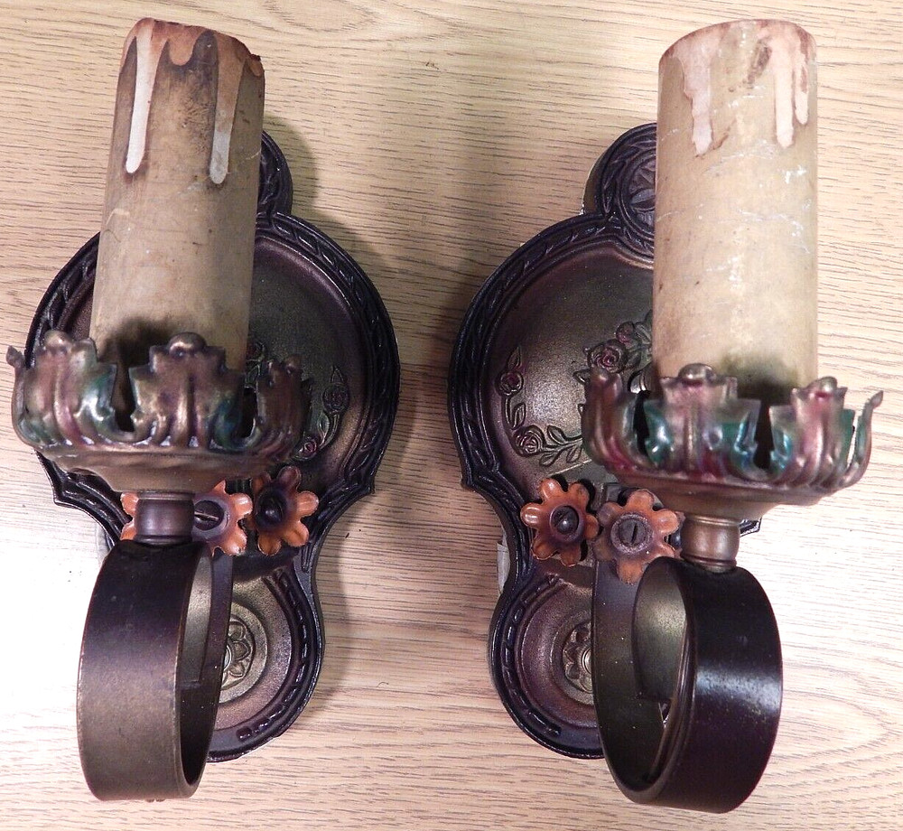 PAIR ART DECO CAST IRON WALL SCONCES POLYCHROMED ORIGINAL