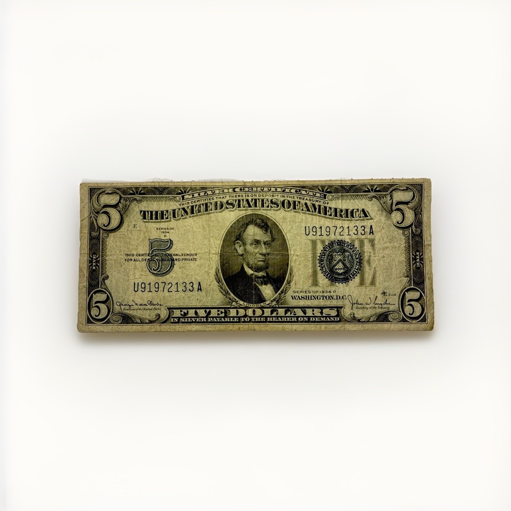 1934-D $5 Silver Certificate Blue Seal Average Circ
