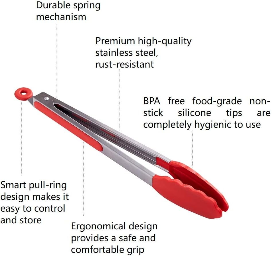 Kitchen Tongs Set of 2 – 9 inch & 12 – Stainless Steel Food Red