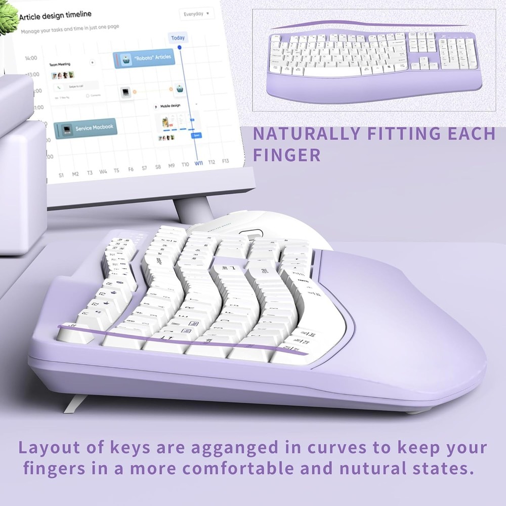 Ergonomic Wireless Keyboard Silent Mouse Combo Wave Keys Wrist Rest Plug & play