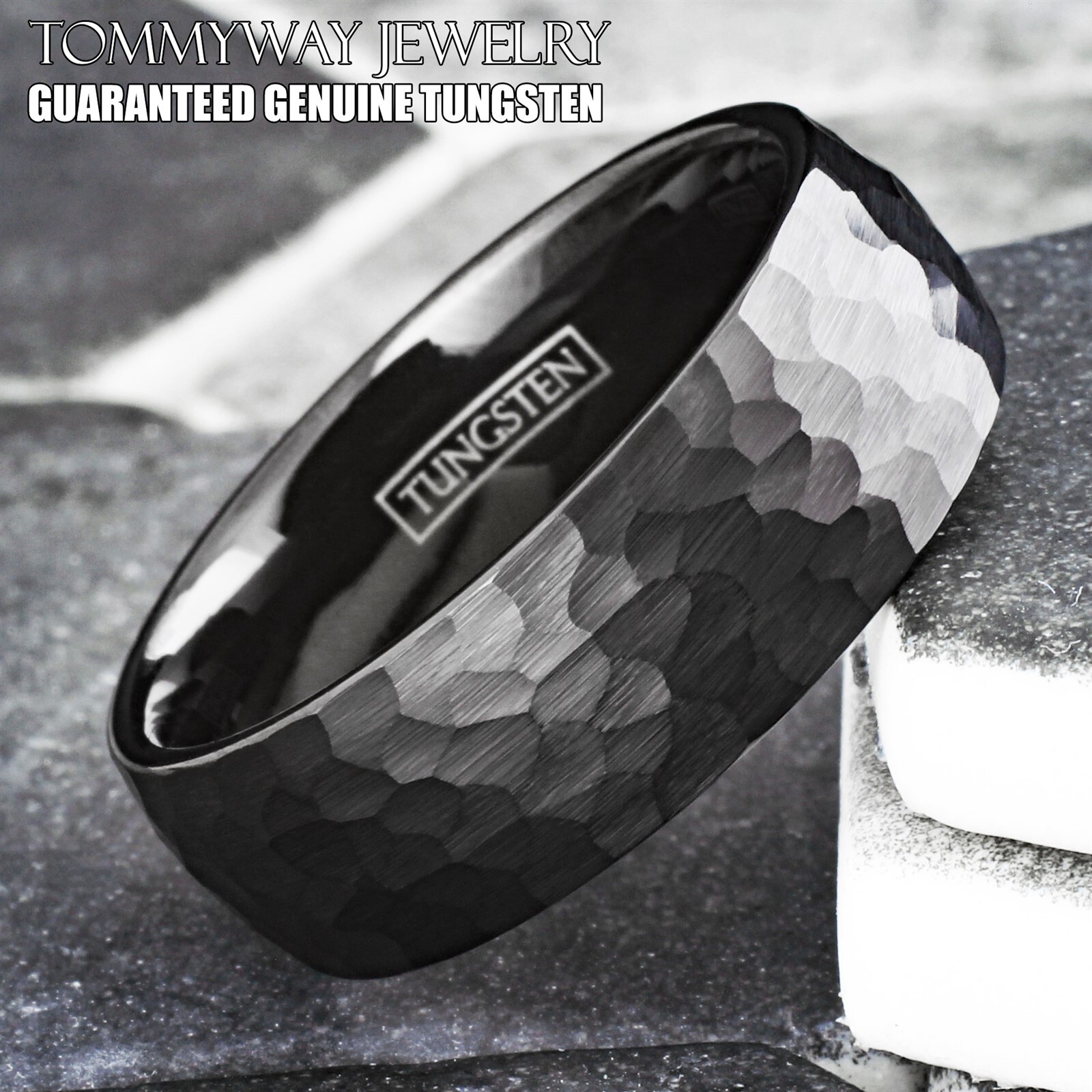 Black Tungsten Carbide Hammered Brushed Finish Men's Wedding Band Ring
