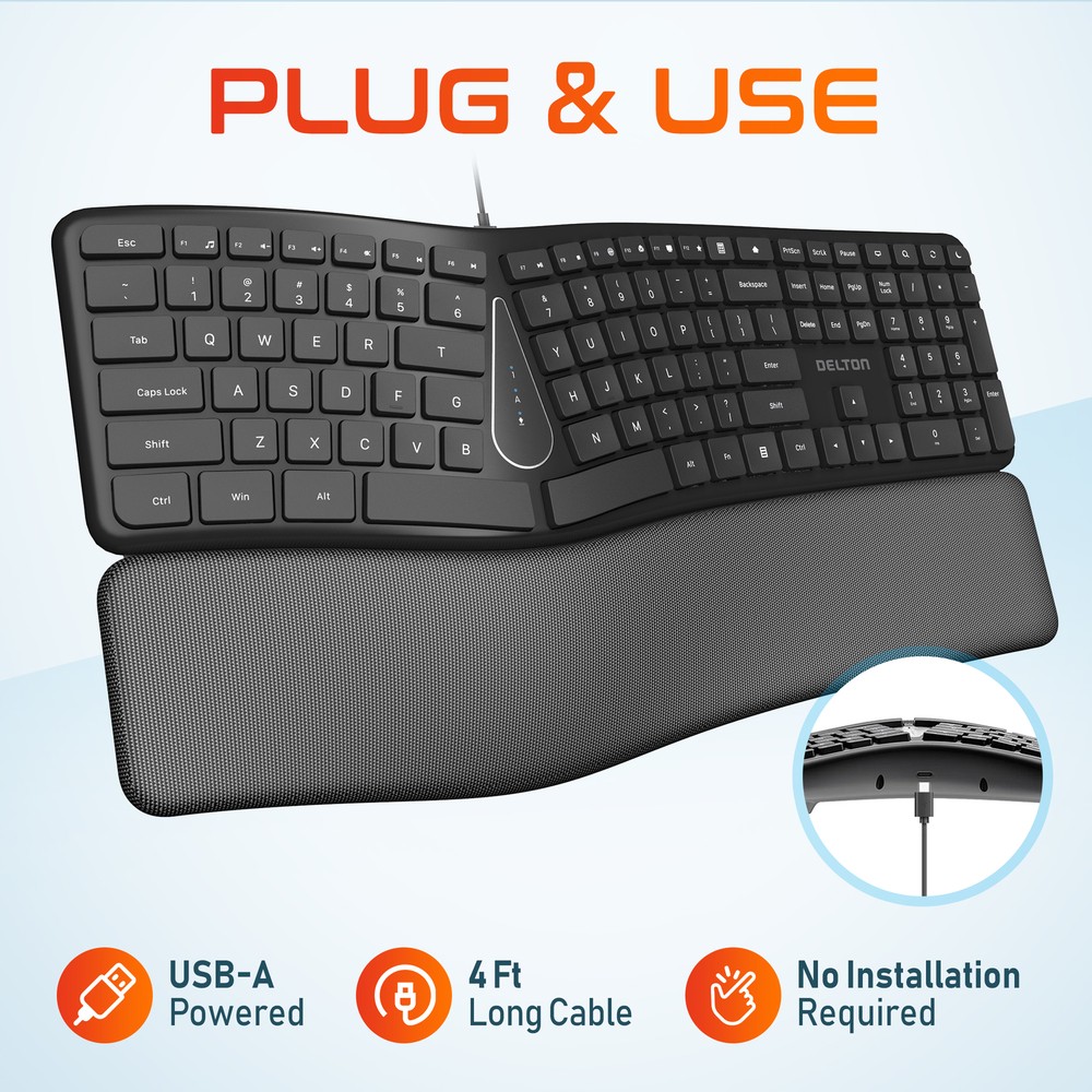 Delton KB250 Ergonomic Wired Keyboard - Black