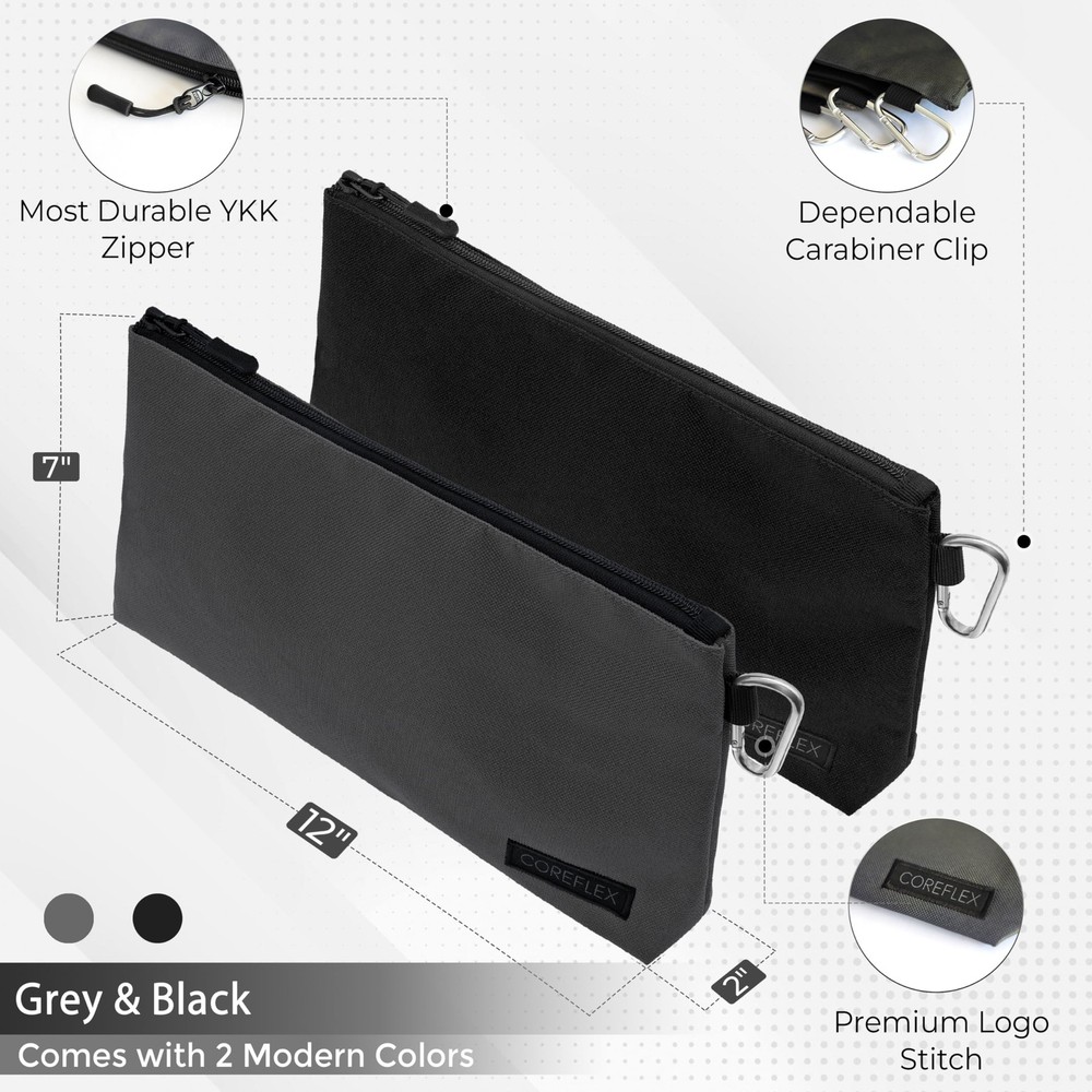 COREFLEX 2 Pack Premium Tool Pouch Zipper Bag 12X7X2, 2 Pack, Grey, Black