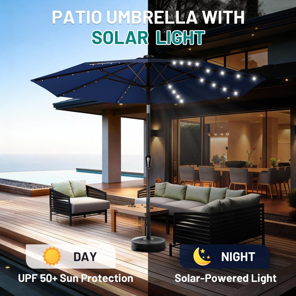 AreShark 9FT Patio Umbrella with Solar Lights, 32 Lighted Pool 9 FT, Navy