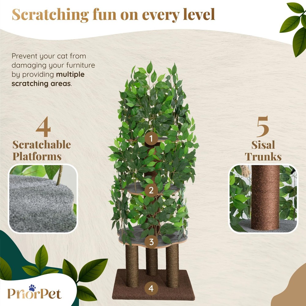 Cat Tree with Leaves – Stable & Space-Saving Design – 4 Scratch Levels & 5 Sc...