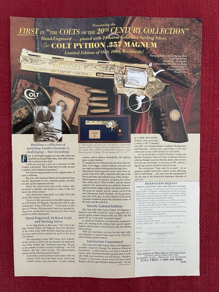 Vintage 1996 Print Ad Commemorative Colt Python .357 Magnum Advertisement