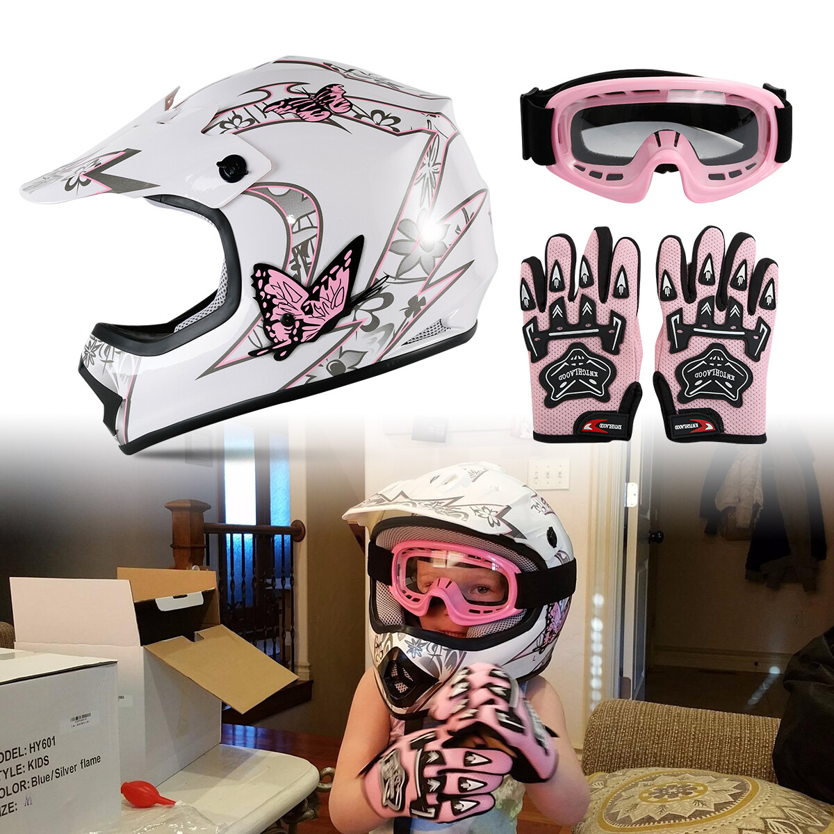DOT Youth Kids Butterfly Dirt Bike Off Road ATV Helmet Motocross Goggles+Gloves