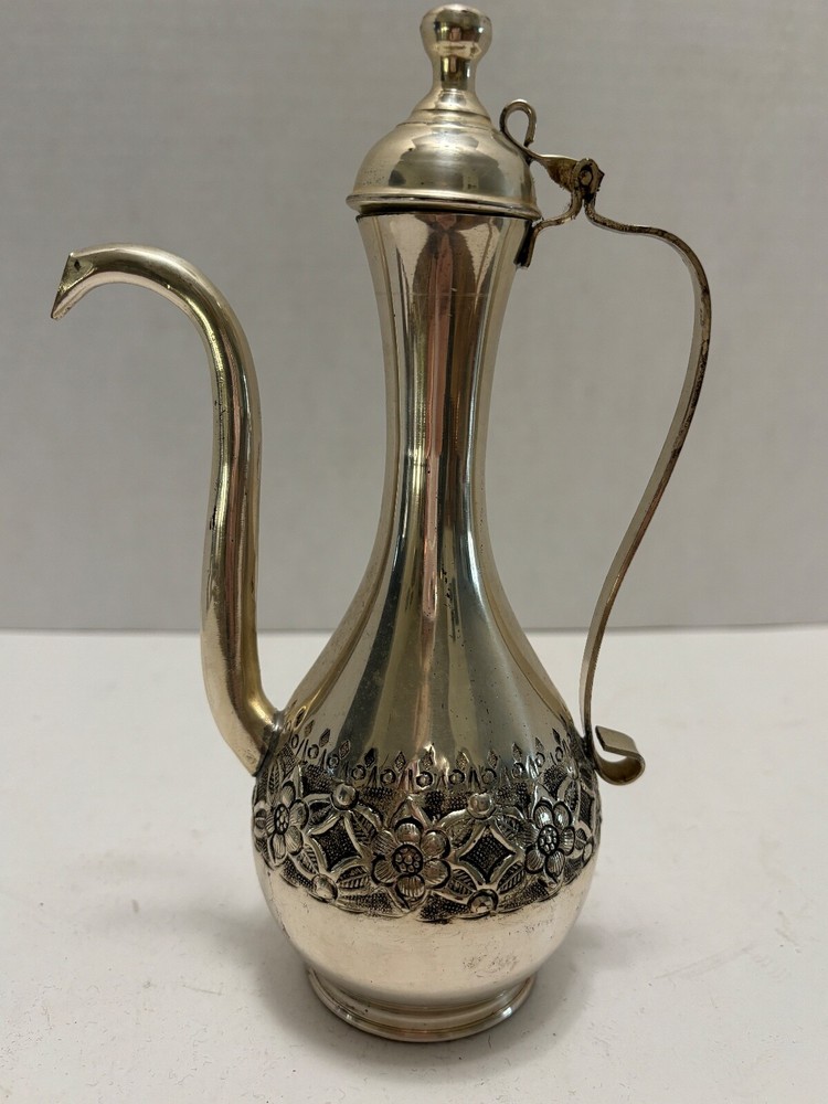 Middle Eastern Style COFFEE POT Silverplate Flower Embossed Band 12oz Vintage