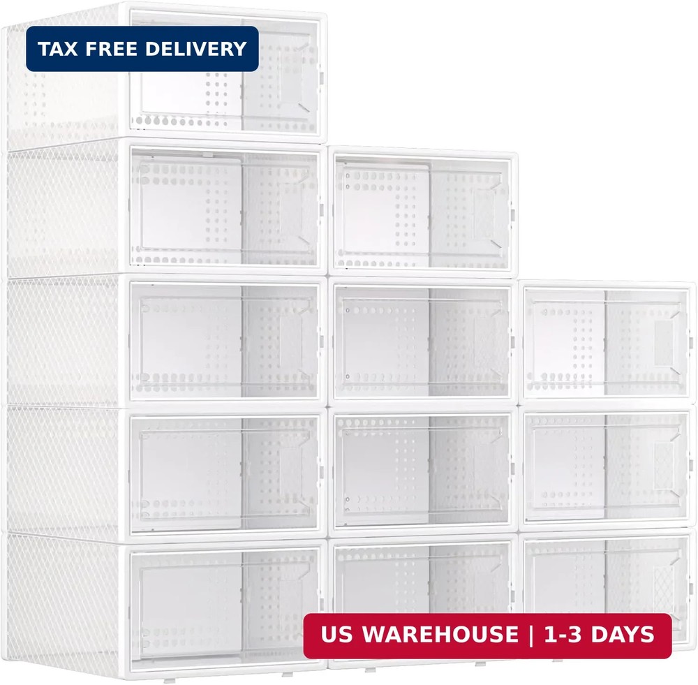 X-Large Plastic Clear Shoe Storage Boxes Stackable 12 Pack Fit Size 11, Shoe Rac