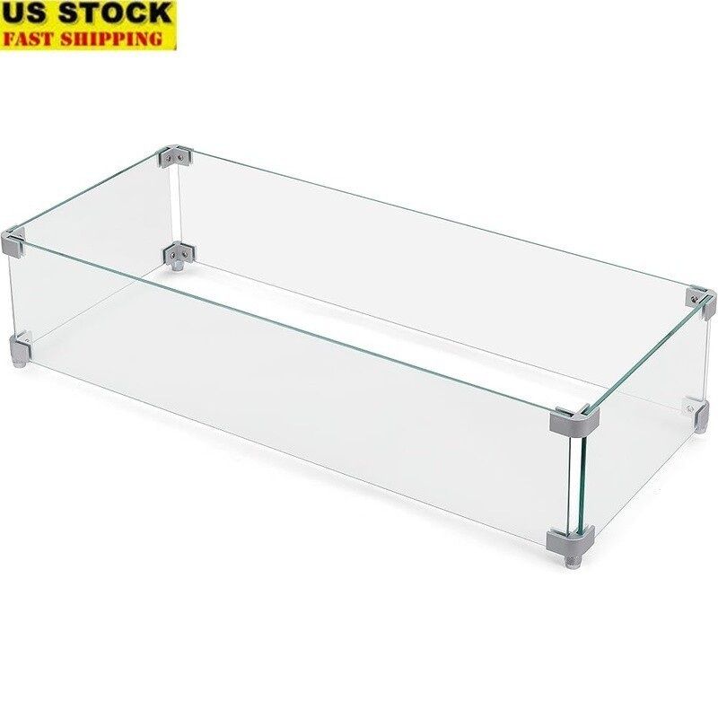 Rectangular Glass Fire Pit Wind Guard W/ Aluminum Brackets & Non-Slip Pads New
