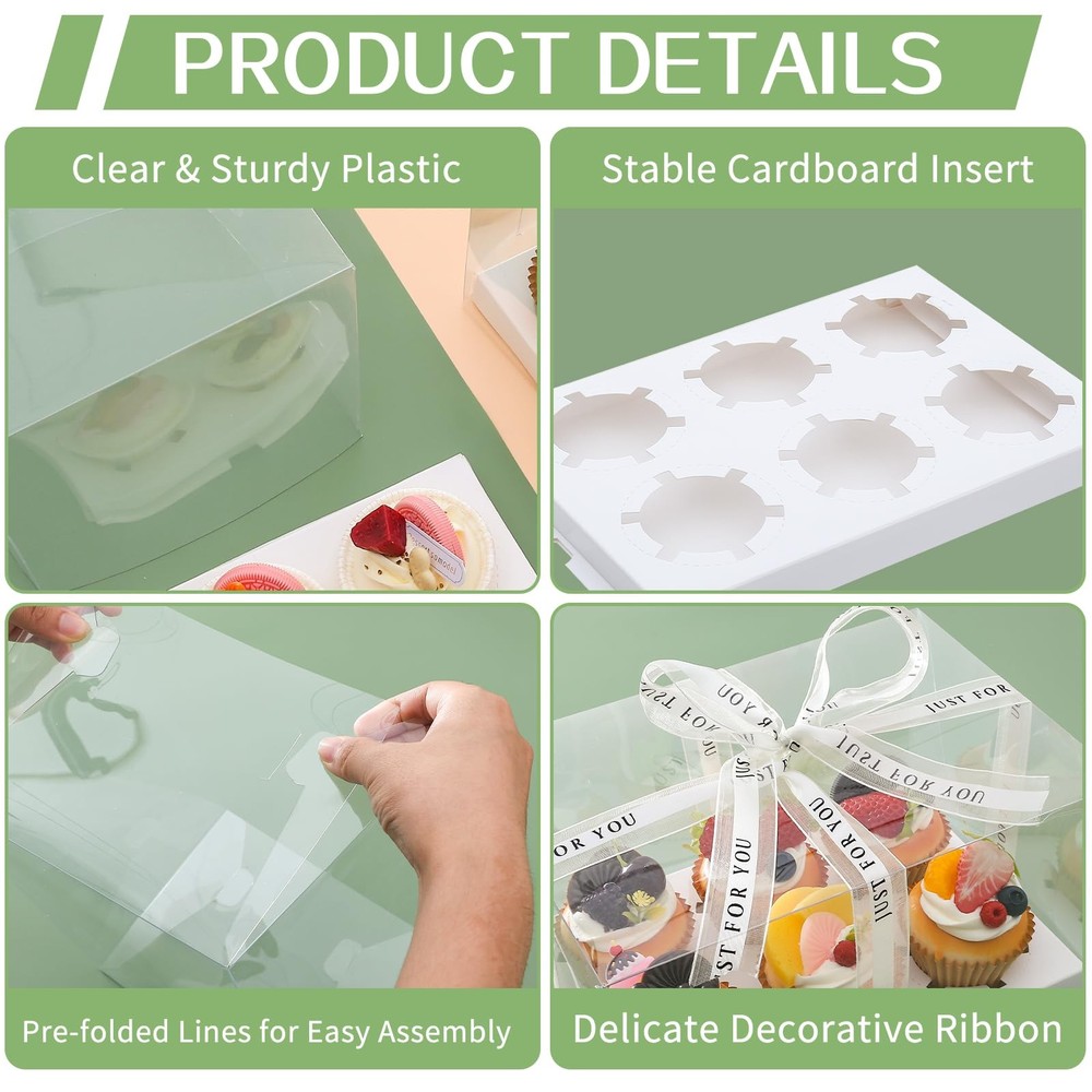 5 PCS Clear Cupcake Boxes With Ribbon 6 Count Plastic Tray Container White
