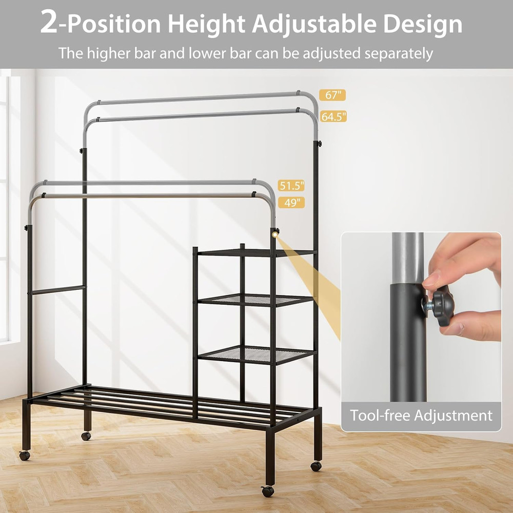 Sturdy Adjustable Rolling Garment Rack with Lockable Wheels & Shelves